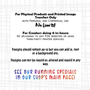 Puede incluir: Texto en blanco y negro sobre un fondo a cuadros blanco y gris. El texto dice: "Para productos f&iacute;sicos y transferencias de im&aacute;genes impresas &uacute;nicamente. Uso personal y comercial. &iexcl;Sin l&iacute;mites! Para creadores que lo hacen en casa. No se permite subir a ning&uacute;n sitio web POD ni utilizar servicios de impresi&oacute;n de terceros. Los dise&ntilde;os deben permanecer como est&aacute;n, pero puedes agregar, por ejemplo, texto o un fondo, etc. Los dise&ntilde;os no se pueden revender o modificar y revender de ninguna manera. &iexcl;Consulta nuestras ofertas especiales en curso en la p&aacute;gina principal de nuestra tienda!"