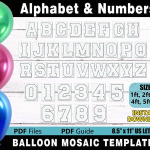 Balloon Mosaic Alphabet and Numbers Bundle - All Letters and Numbers Templates - 1ft, 2ft, 3ft, 4ft, 5ft & 6ft- PDF files for US Letter Size