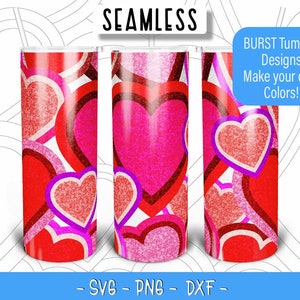 Plantilla de vaso de ráfaga de corazón de San Valentín SVG PNG DXF, plantilla de ráfaga sin costuras para vaso recto delgado de 20 oz