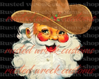 May include: A vintage illustration of Father Christmas wearing a brown cowboy hat with a red and white beard. The background is black.