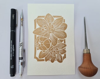 Metallic Gold Passion Flower Lino Print