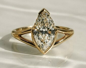2 CT Marquise Cut Moissanite Engagement Ring, Half Bezel Set Split Shank Ring, 14K Yellow Gold Solitaire Wedding Unique Ring , Gift For Her.