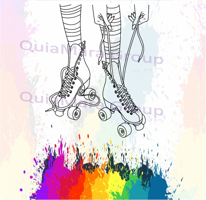 May include: Line drawing of a person tying the laces of their roller skates. The skates are white with black laces and wheels. The background is a colourful splatter pattern.