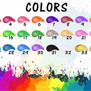 May include: A chart displaying 36 different paint colours, numbered 1 to 36. The colours are arranged in rows of four, with each colour represented by a teardrop-shaped blob.