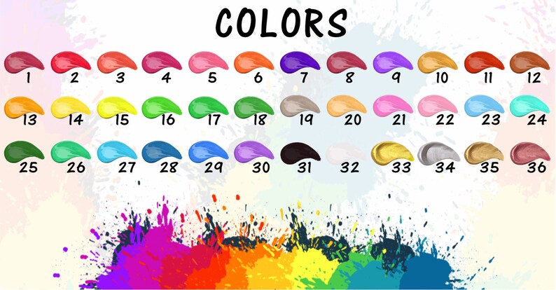 May include: A chart displaying 36 different paint colours, numbered 1 to 36. The colours are arranged in rows of four, with each colour represented by a teardrop-shaped blob.