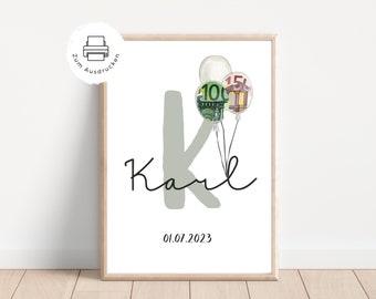 Cumpleaños de nacimiento de regalo de dinero personalizado | Nombre Fecha de nacimiento | Cumpleaños con nombre de letra de bebé | regalo digital