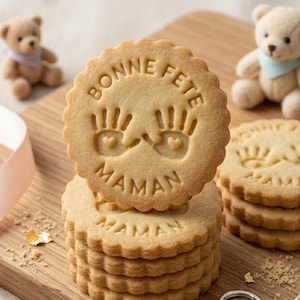 Peut inclure: Des biscuits ronds et beiges avec l'inscription "BONNE FETE MAMAN" et des empreintes de mains. Deux ours en peluche et un porte-clés ours argenté sont sur une planche en bois avec un ruban.