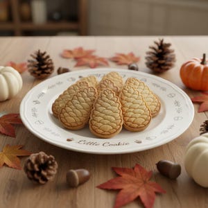 May include: A plate of pine cone-shaped cookies with the text "Little Cookie" on the plate. The cookies are surrounded by fall-themed decorations, including pumpkins, acorns, and leaves. The cookies are light brown in color.