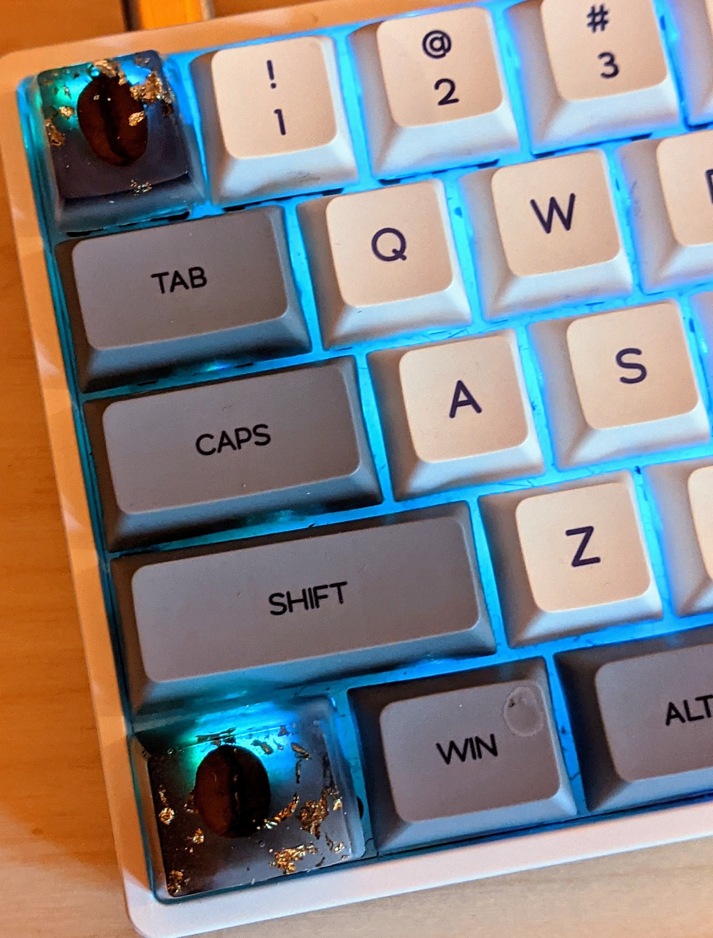 Duo of decorative computer keyboard keys with coffee beans and Etsy