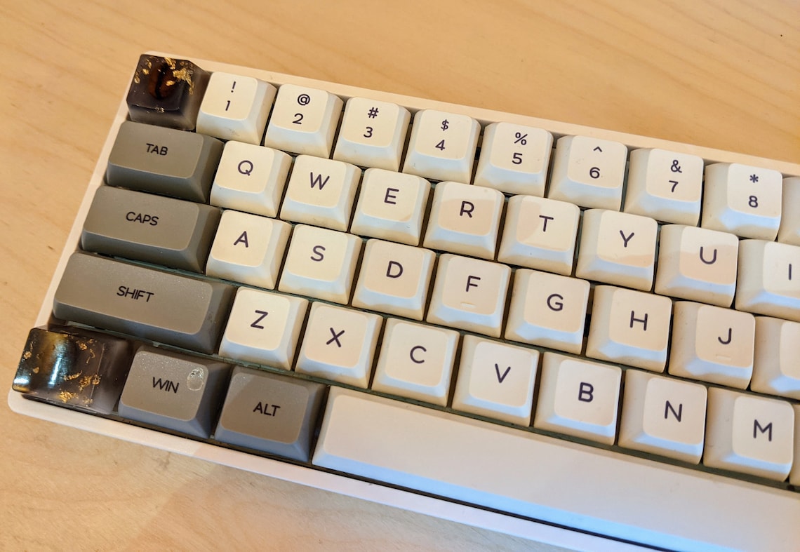 Duo of decorative computer keyboard keys with coffee beans and Etsy