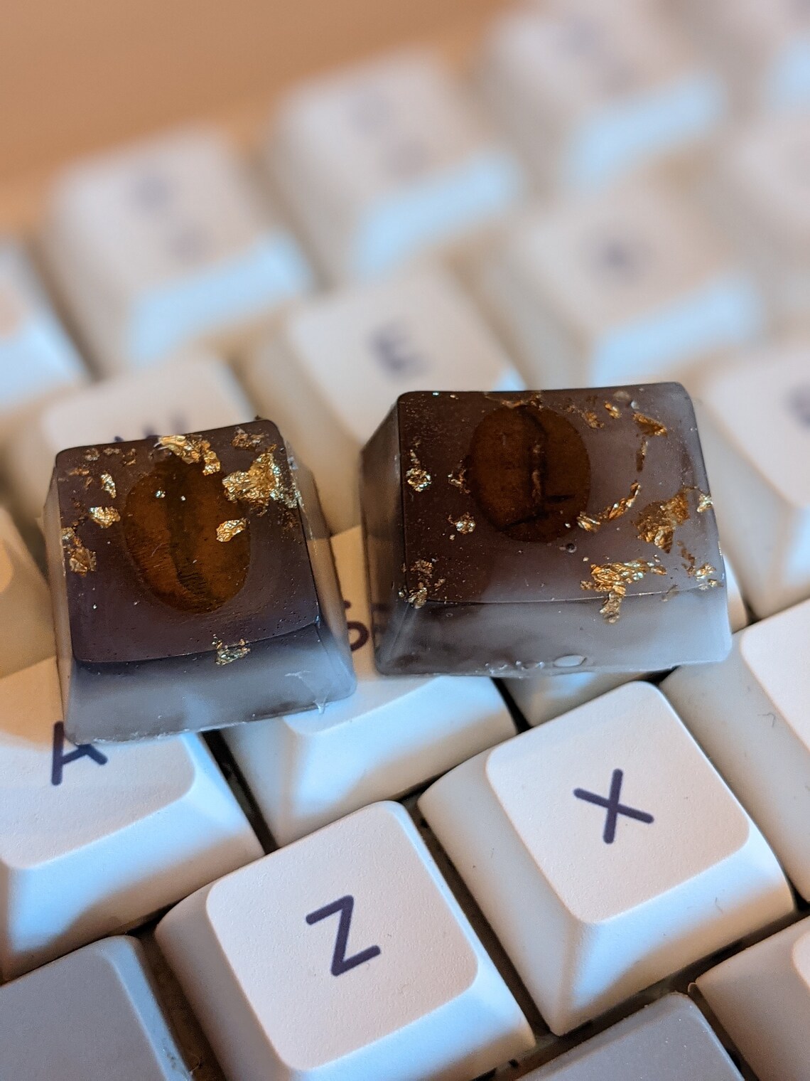 Duo of decorative computer keyboard keys with coffee beans and Etsy