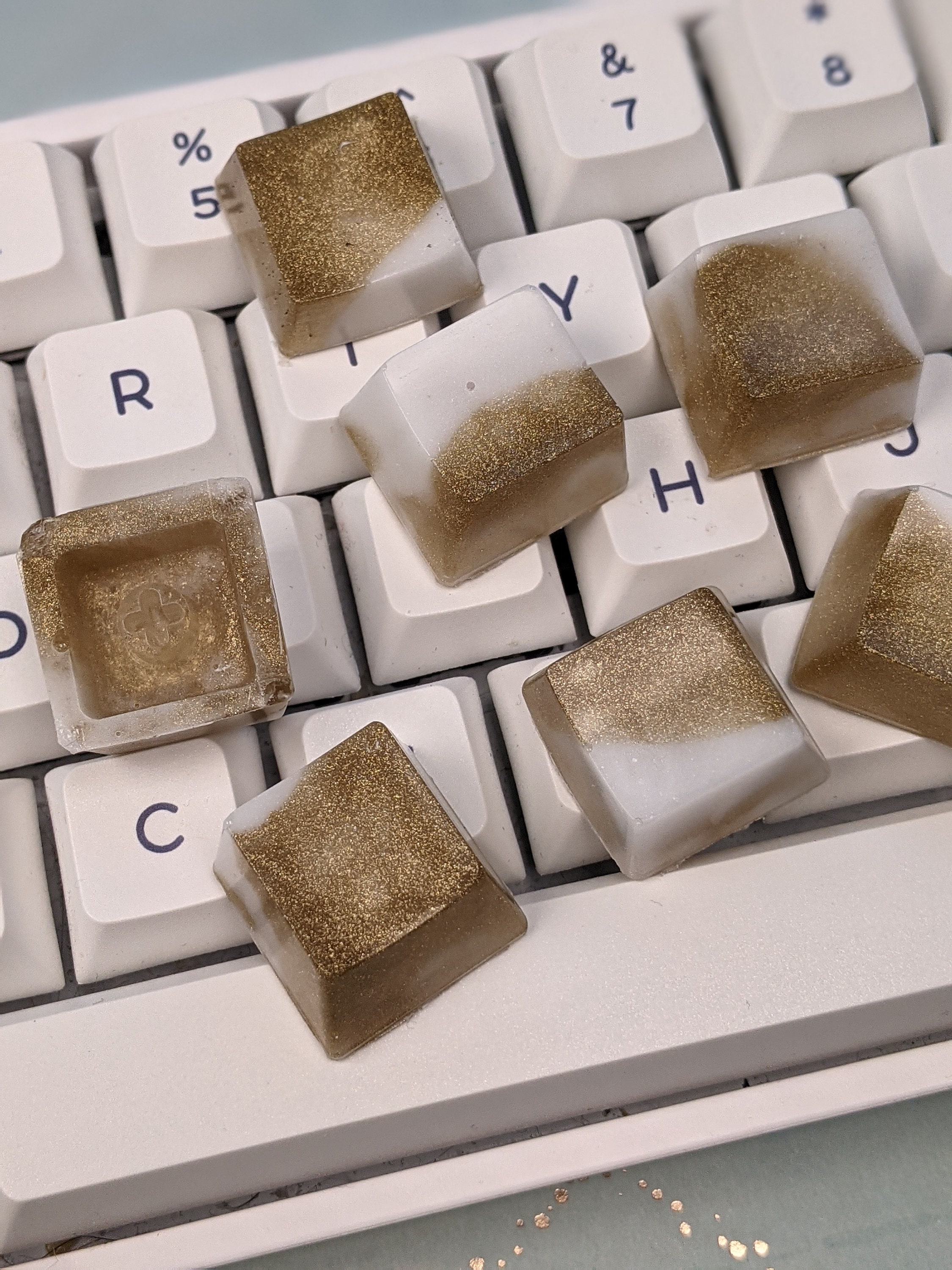 Stunning keyboard keys in white and gold resin. Artisan Etsy