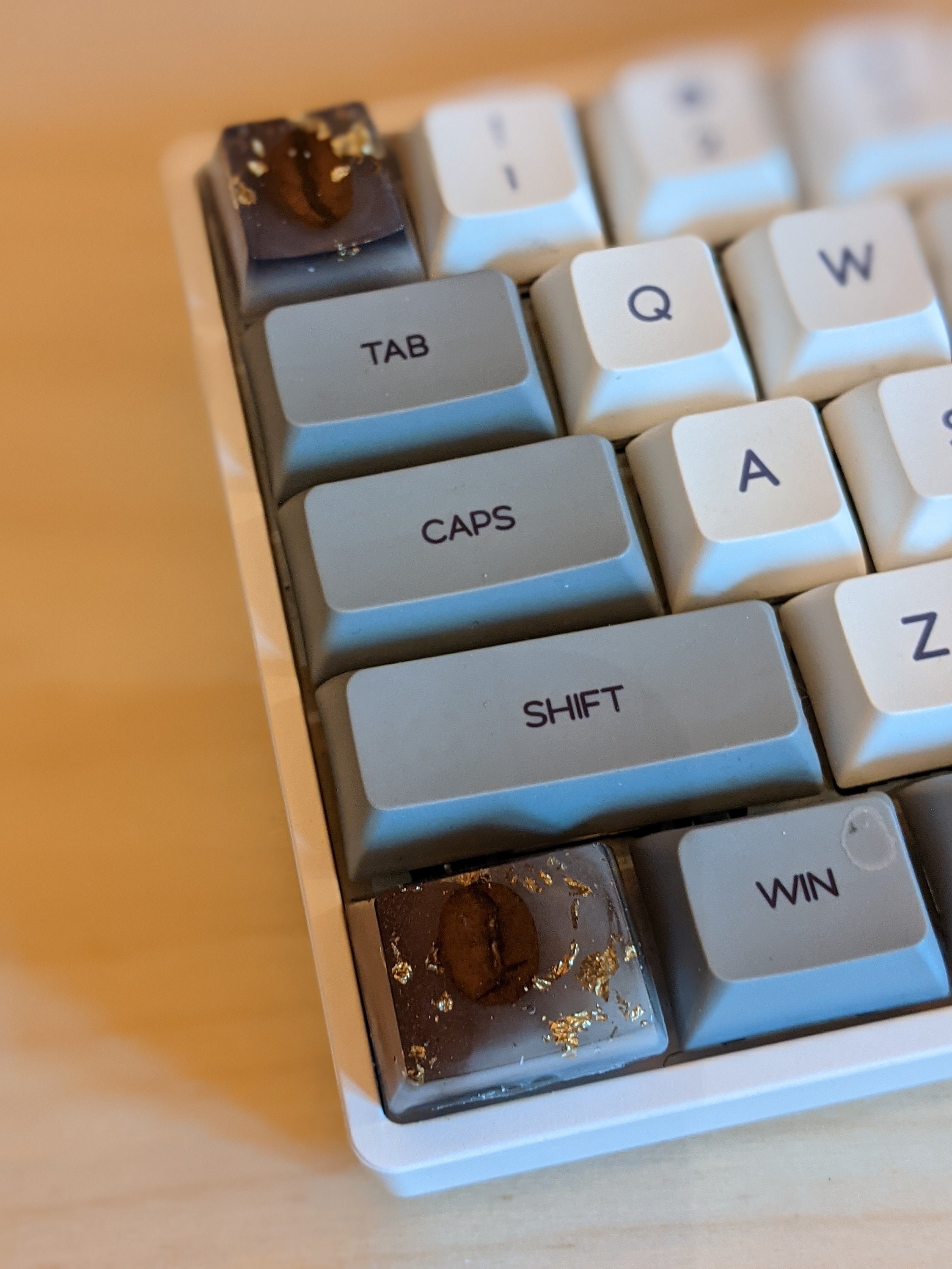 Duo of decorative computer keyboard keys with coffee beans and Etsy