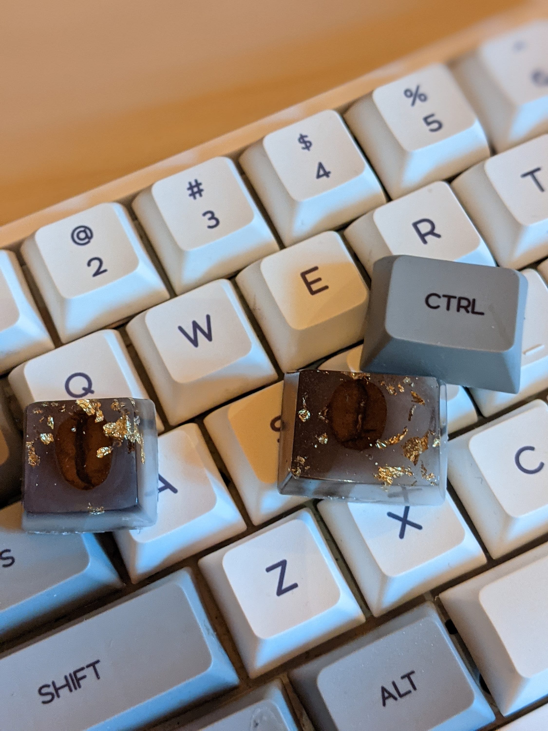 Duo of decorative computer keyboard keys with coffee beans and Etsy