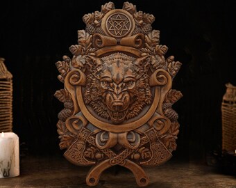 Fenrir Wolf Wood Wall Decor, Fenrir Wood Art, Norse Art, Viking Art, Wolf Carvings, Fenrir carvings,  Wood Wall Sculpture, custom wall decor