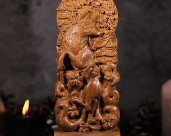 Kitsune Japanese Fox, Kitsune wood figure, Fox statue, Kitsune witch animal, mythtical animal, nine tail fox