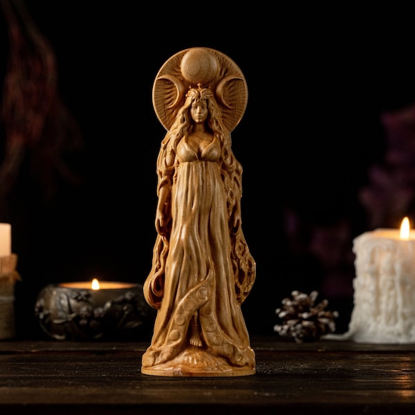 Selene Moon Goddess, Luna Norse Goddess, Selene wood figure, pagan statue, Wicca statue, Wicca altar, moon statue, moon witch