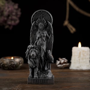 Lilith statue, Black Lilith Wicca Goddess with Lion, Astaroth statue, Inanna wooden figure, pagan statue, pagan altar, wicca altar
