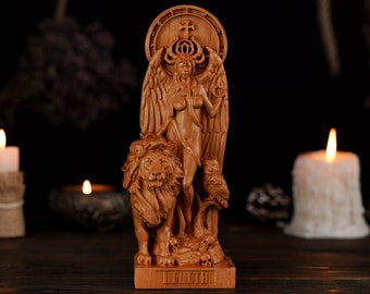 Lilith Wicca Goddess with Lion, Wicca statue, Inanna wooden figure, witch altar, wicca goddess, lilith altar