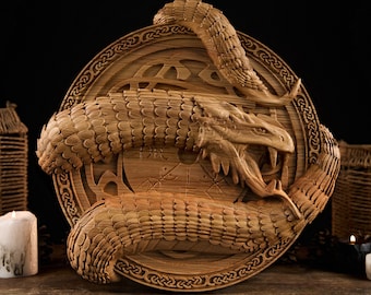 Jormungandr Norse Wall Decor, Snake Wall Decor, Viking Art, Dragon Wood Wall Decor, Pagan Statue, Wood Wall Sculpture, Viking shield