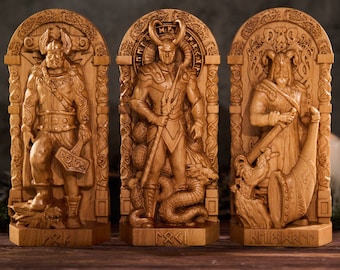 Conjunto de dioses nórdicos, dioses nórdicos personalizados, altar nórdico, altar pagano, pagano nórdico, dioses nórdicos, estatua vikinga, talla de madera