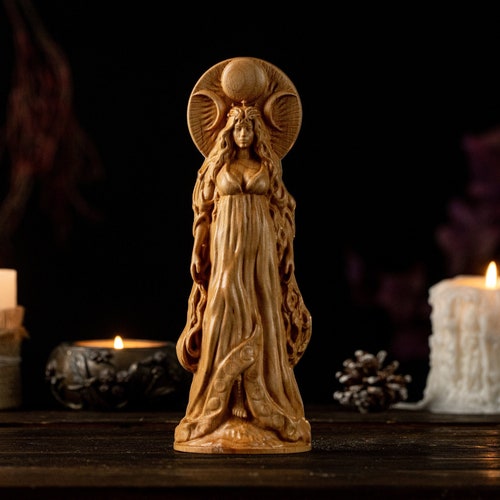 Selene Moon Goddess, Luna Norse Goddess, Selene wood figure, pagan statue, Wicca statue, Wicca altar, moon statue, moon witch