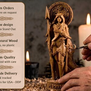 May include: A detailed wooden sculpture of a figure holding a spear, with a halo-like design behind the head. The figure is being carved by hand. The image includes text that reads "Custom Orders" and "100% Natural Wood."