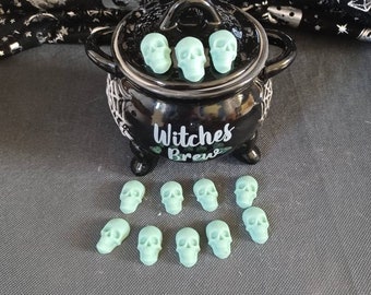 Set of 12 miniture Skulls Halloween themed soy wax melts. Multiple fragrance add colour options