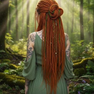 A woman with long, vibrant red braids and tattoos stands in a lush, green forest, her back to the camera.