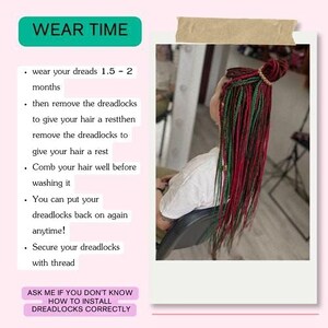 The image is a collage of two photos. The first photo shows a person with dreadlocks, and the second photo is a close-up of the person's head with dreadlocks. The collage includes text providing instructions on how to properly wear and care for dreadlocks.