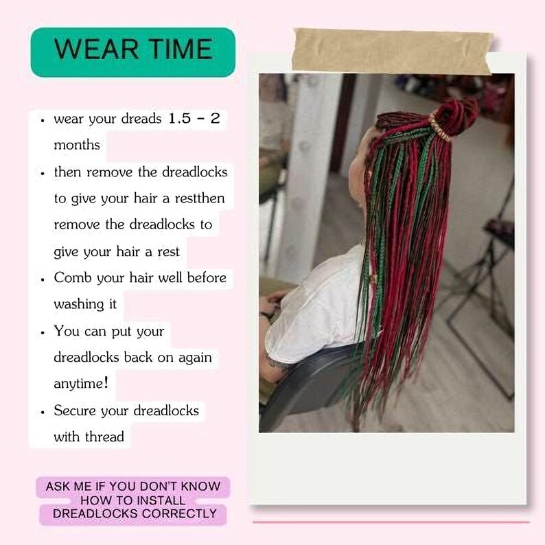 The image is a collage of two photos. The first photo shows a person with dreadlocks, and the second photo is a close-up of the person's head with dreadlocks. The collage includes text providing instructions on how to properly wear and care for dreadlocks.