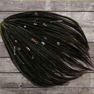 Viking Hair Extensions: Beaded Brown and Green Dreadlocks - Boho Style