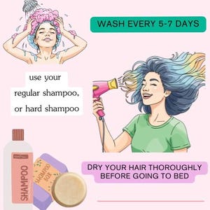 The image is a collage of three illustrations related to hair care. The first illustration shows a woman washing her hair with shampoo, the second illustration shows a woman blow-drying her hair, and the third illustration depicts a woman applying hair product to her hair.