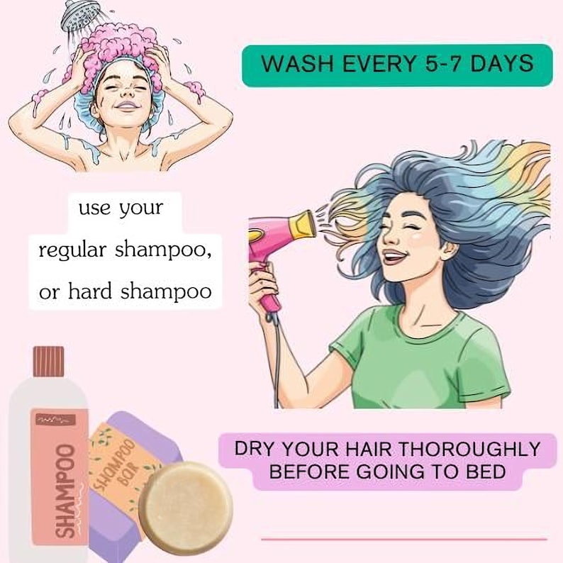 The image is a collage of three illustrations related to hair care. The first illustration shows a woman washing her hair with shampoo, the second illustration shows a woman blow-drying her hair, and the third illustration depicts a woman applying hair product to her hair.