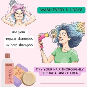 The image is a collage of three illustrations related to hair care. The first illustration shows a woman washing her hair with shampoo, the second illustration shows a woman blow-drying her hair, and the third illustration depicts a woman applying hair product to her hair.