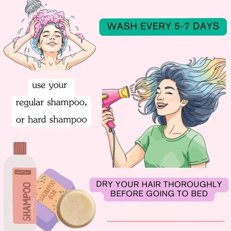 The image is a collage of three illustrations related to hair care. The first illustration shows a woman washing her hair with shampoo, the second illustration shows a woman blow-drying her hair, and the third illustration depicts a woman applying hair product to her hair.