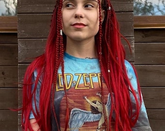Komplettes Set dunkelroter Boho-Dreadlocks, handgefertigt | Synthetische Doppelend-Dreads | Perfekt für Wikingerfeste | Bürsten