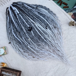 Black To Gray Ombre, Gothic Faux Locs - Double And Single Ended, Synthetic Dreadlocks | 20 Inch, Handmade