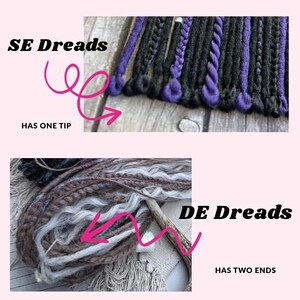 The image is a comparison of two different types of dreads, SE dreads and DE dreads. It shows a close-up of a row of SE dreads with purple and black braids, and a close-up of DE dreads with white and purple braids. The text indicates that SE dreads have one tip and DE dreads have two ends.