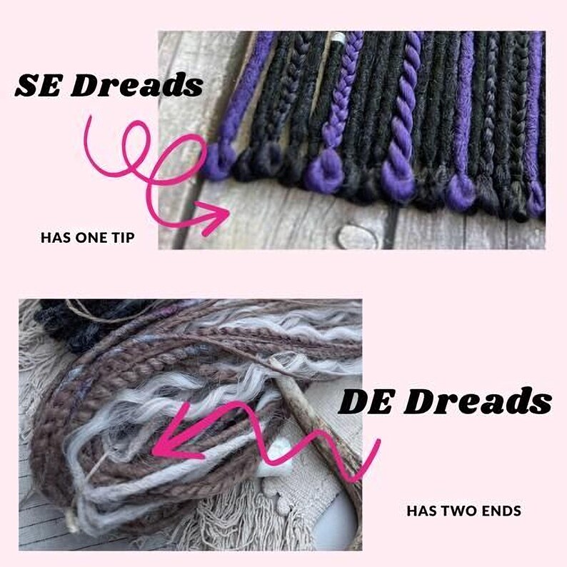 The image is a comparison of two different types of dreads, SE dreads and DE dreads. It shows a close-up of a row of SE dreads with purple and black braids, and a close-up of DE dreads with white and purple braids. The text indicates that SE dreads have one tip and DE dreads have two ends.