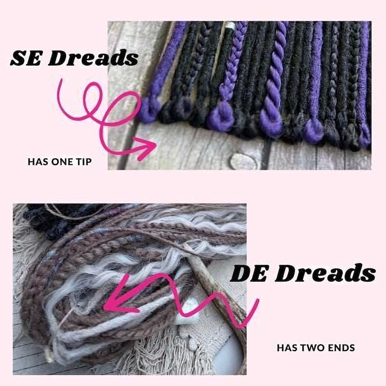 The image is a comparison of two different types of dreads, SE dreads and DE dreads. It shows a close-up of a row of SE dreads with purple and black braids, and a close-up of DE dreads with white and purple braids. The text indicates that SE dreads have one tip and DE dreads have two ends.
