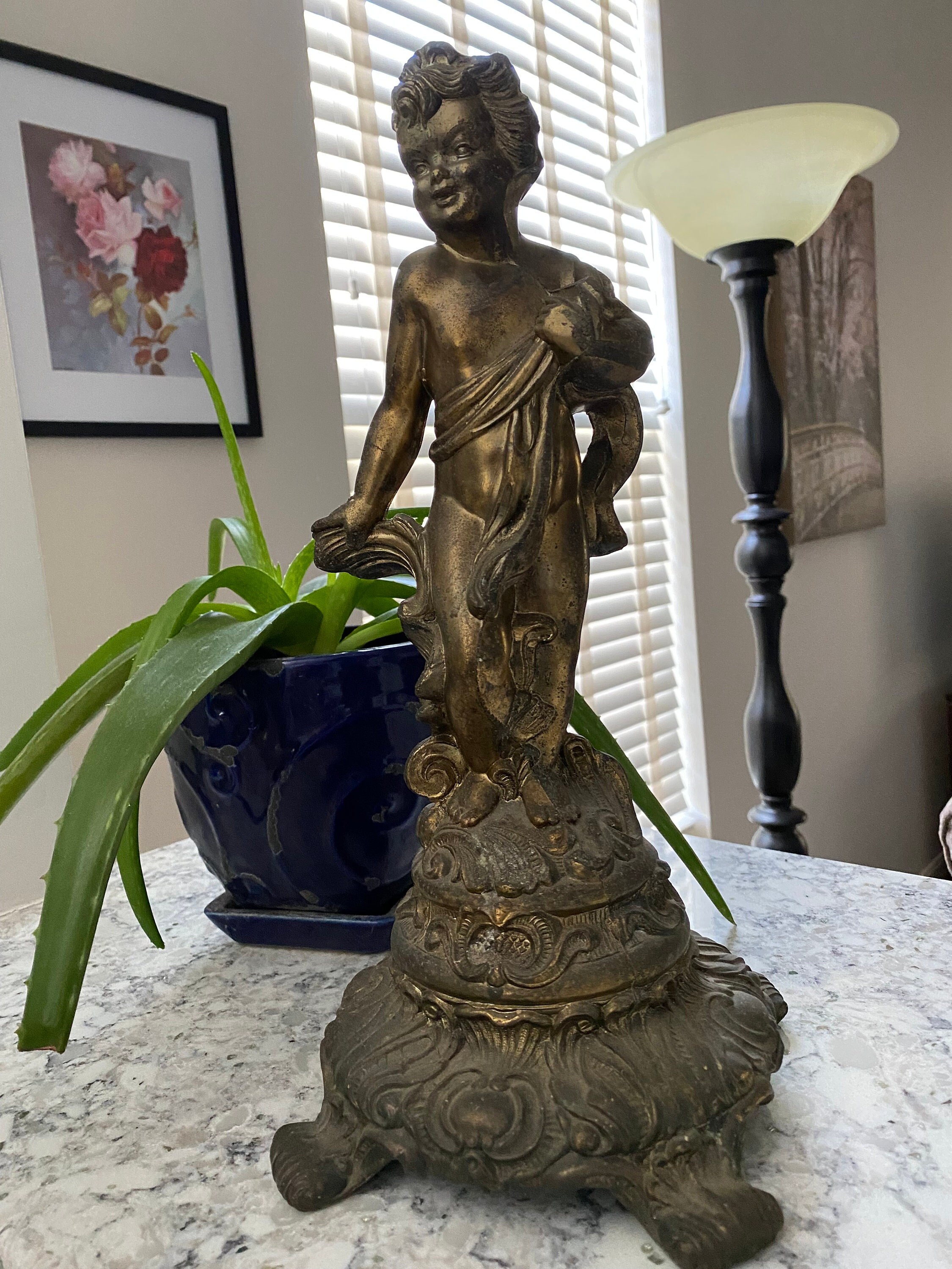 Vintage Cherub Lamp Base Bronze Plate