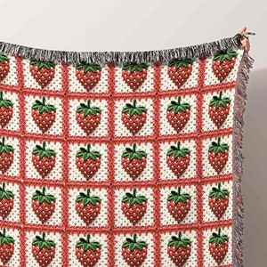 Granny Square Strawberry Blanket Cotton Woven Throw Blanket | Cottagecore Room Decor Idea Gift Coquette Aesthetic Wall Art Tapestry Berries