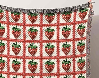Granny Square Strawberry Blanket Cotton Woven Throw Blanket | Cottagecore Room Decor Idea Gift Coquette Aesthetic Wall Art Tapestry Berries
