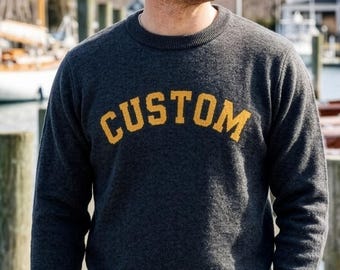 Custom Knit Varsity Sweater, Personalized Crewneck, Arched Text Knit-In Design