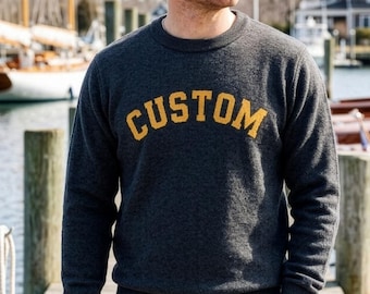 Custom Knit Varsity Sweater, Personalized Crewneck, Arched Text Knit-In Design