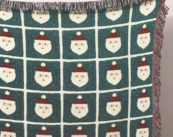 Christmas Throw Blanket Couch Gift - Cotton Woven Santa Holiday Blanket for Cozy Traditional Christmas