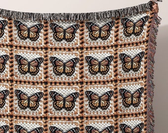 Butterfly Blanket Cottagecore Decor Fall Blanket, Vintage Granny Square Bedding Cover, Boho Woodland Aesthetic, Wall Tapestry Art Gift