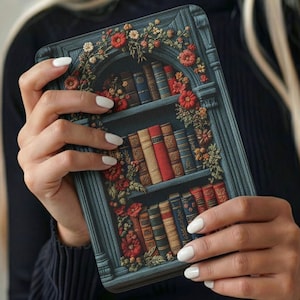 Book Lover Gift Kindle Cover | Dark Academia Floral Bookshelf | Faux Embroidery Design Fits Kindle Paperwhite Case 7 Colorsoft 12th Gen 2024