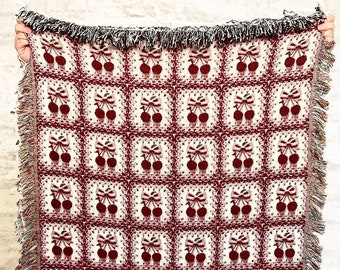 Granny Square Cherry Bows Blanket Cotton Woven Throw Blanket | Cottagecore Room Decor Idea Gift Coquette Aesthetic Wall Art Tapestry Berries